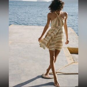 New! Zara striped Linen Halter Mini Dress Cream Size Medium